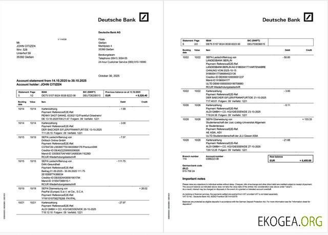 Allemagne Deutsche Bank relevé de compte Modèle Word et PDF, 2 pages